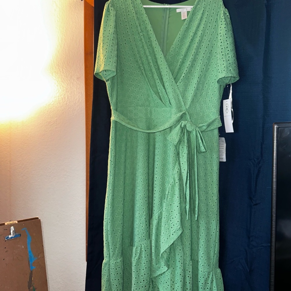 London Times Green V-Neck Flutter Sleeve Sundress